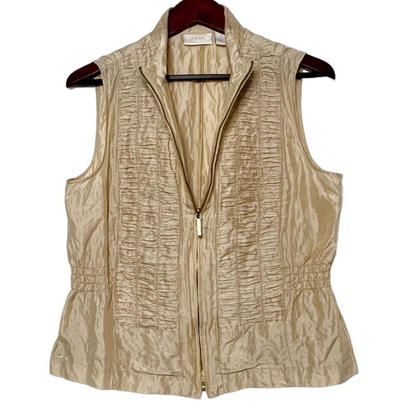 Chico’s shirred Beige Textured silk blend Crinkle Full-Zip vest size 1 or M - Picture 8 of 11